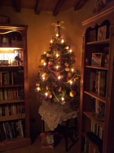 Our littel tree nestling between bookshelves in our big kitchen!